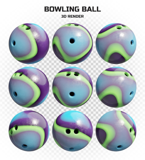 Collection of 3d render marble swirl bowling balls in high resolution with many perspectives