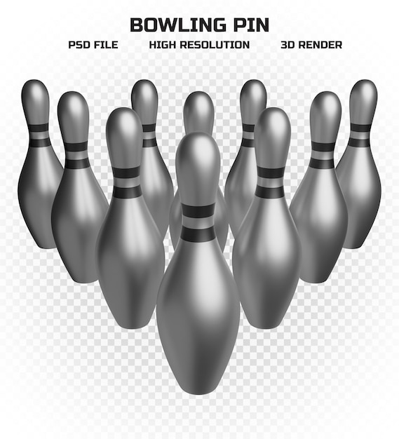 Collection of 3d render silver bowling pins with black stripes in high resolution