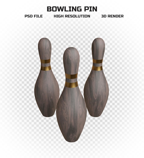 Collection of 3d render wooden bowling pins with golden stripes in high resolution