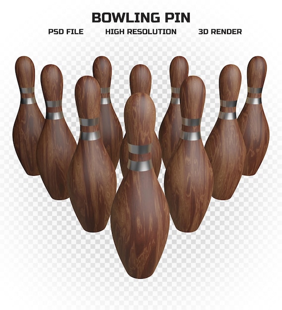 Collection of 3d render wooden bowling pins with silver stripes in high resolution