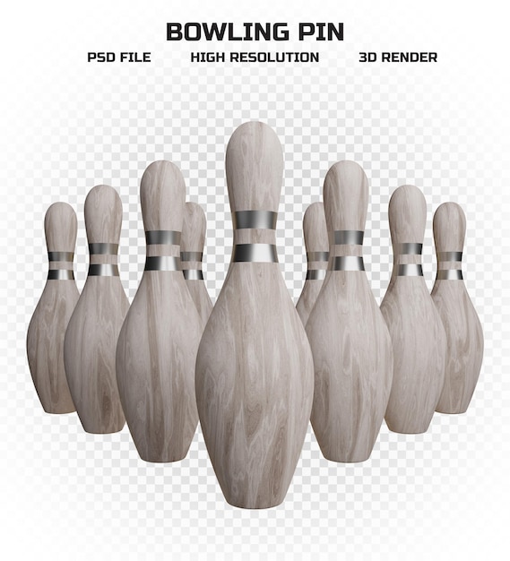 Collection of 3d render wooden bowling pins with silver stripes in high resolution