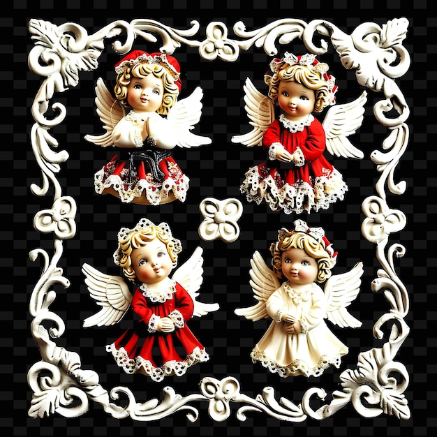 a collection of angels with angels and a frame with a white angel on the bottom