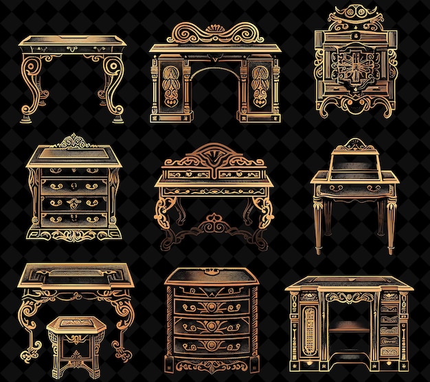 a collection of antique furniture including a carved wooden chest