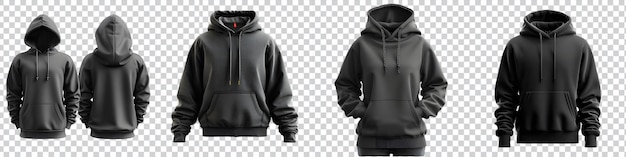 a collection of black hoodie mockup design isolated on transparent background