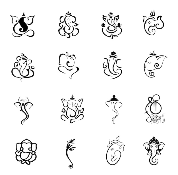 A collection of black and white ganesha sketch icon illustrations for Indian wedding