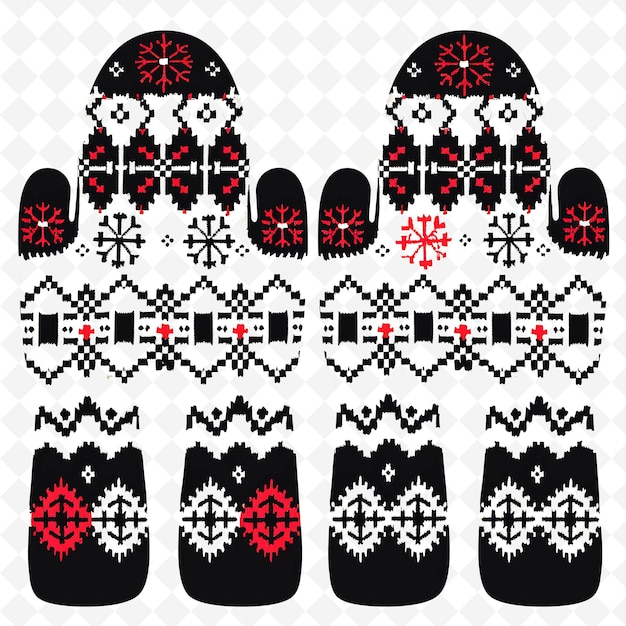 PSD a collection of black and white knitted gloves with a red and black design