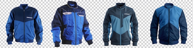 a collection of blue and black jacket on the front on transparent background