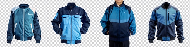 a collection of blue and black jacket on the front on transparent background