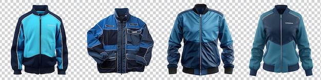 a collection of blue and black jacket on the front on transparent background