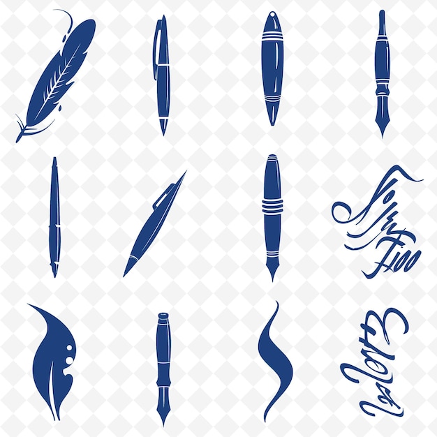 PSD a collection of blue pen and feather illustrations