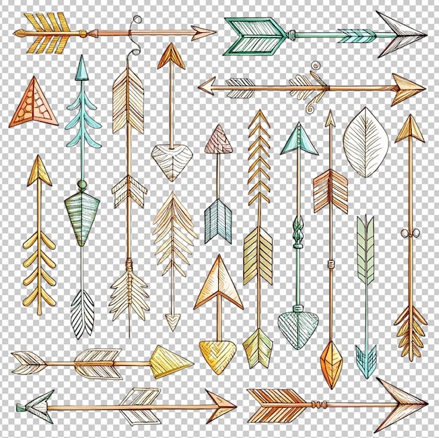 PSD collection of boho arrows with hand drawn feathers