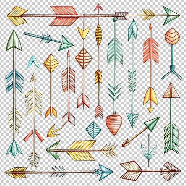 PSD collection of boho arrows with hand drawn feathers