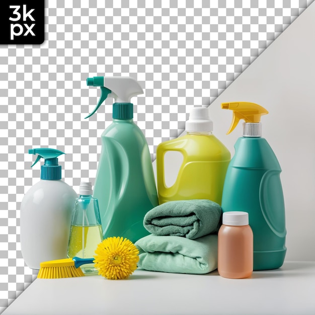 PSD a collection of bottles of cleaning products including a spray bottle and a spray bottle of shampoo