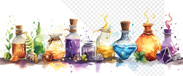 a collection of bottles of different colors with a yellow background