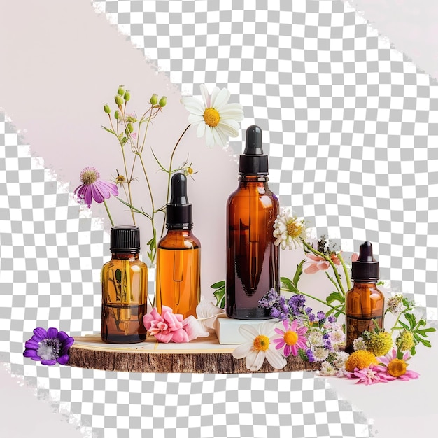 a collection of bottles of perfume sit on a platform with flowers and a white background