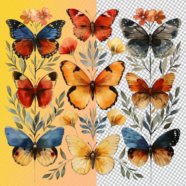 PSD a collection of butterflies and flowers with different colors