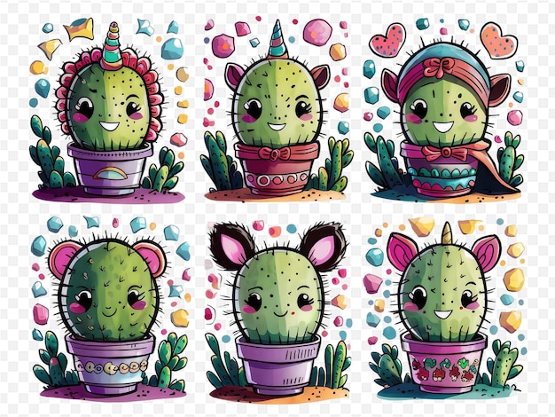 a collection of cactus pots with a bunny and a cactus