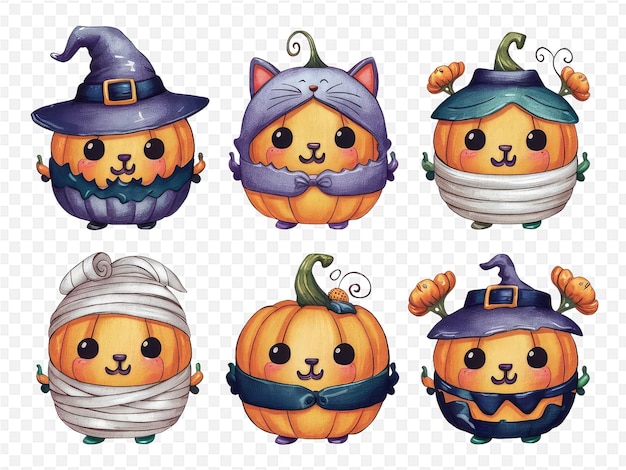 a collection of cartoon characters including a cat cat witch and pumpkins