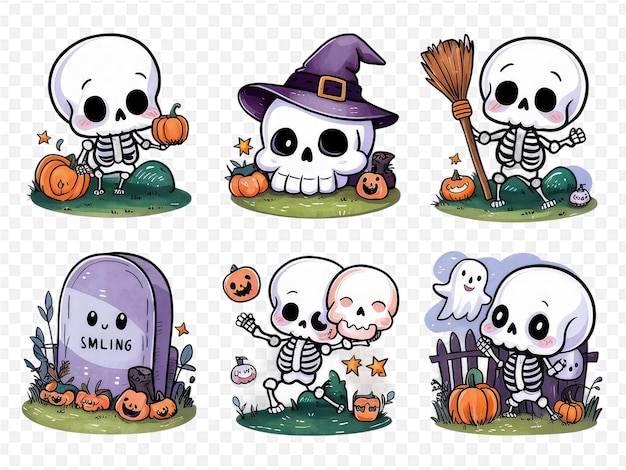 a collection of cartoon characters including a skeleton a broom and a broom