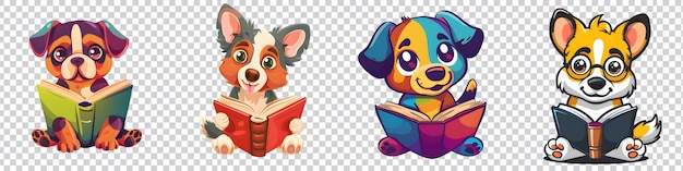 PSD a collection of cartoon dog character reading a book isolated on transparent background