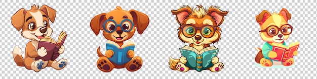 PSD a collection of cartoon dog character reading a book isolated on transparent background