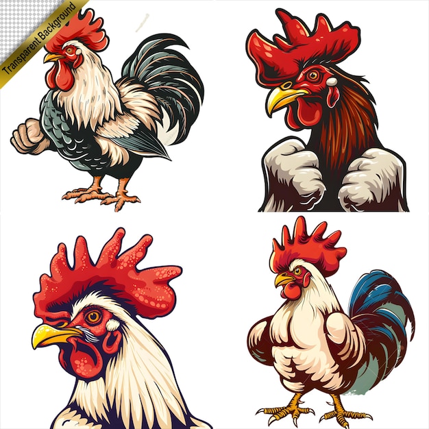 Collection of Cartoon Roosters in Various Styles with No Background