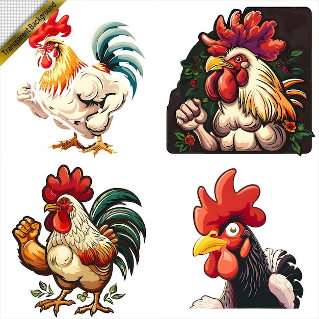 Collection of Cartoon Roosters in Various Styles with No Background