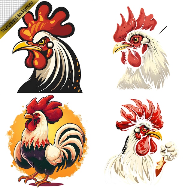 PSD collection of cartoon roosters in various styles with no background