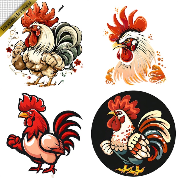 Collection of Cartoon Roosters in Various Styles with No Background