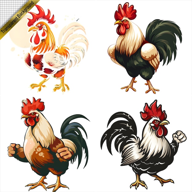 Collection of Cartoon Roosters in Various Styles with No Background