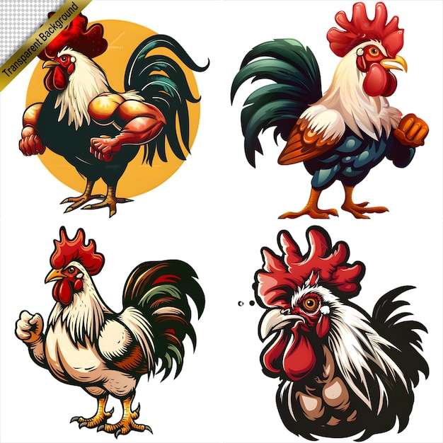 Collection of Cartoon Roosters in Various Styles with No Background