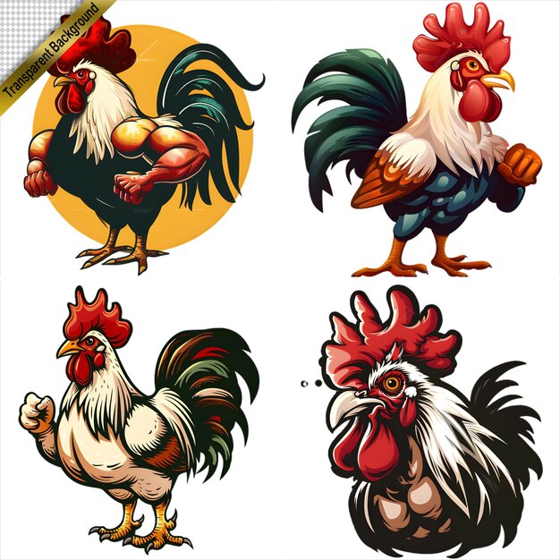 PSD collection of cartoon roosters in various styles with no background