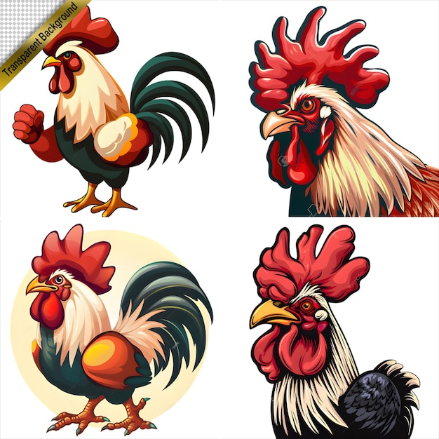 Collection of Cartoon Roosters in Various Styles with No Background