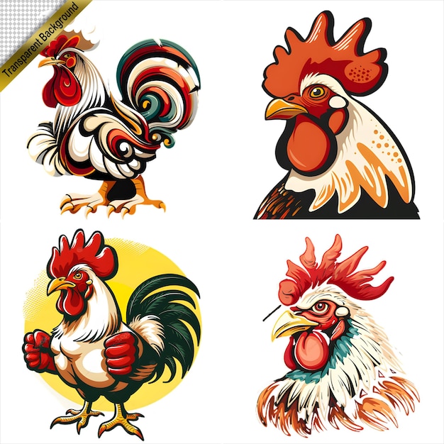 Collection of Cartoon Roosters in Various Styles with No Background