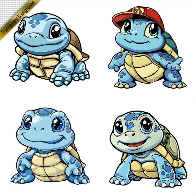 PSD collection of cartoon style turtles with no background