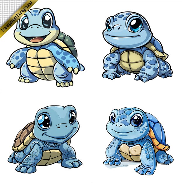 Collection of Cartoon Style Turtles with No Background