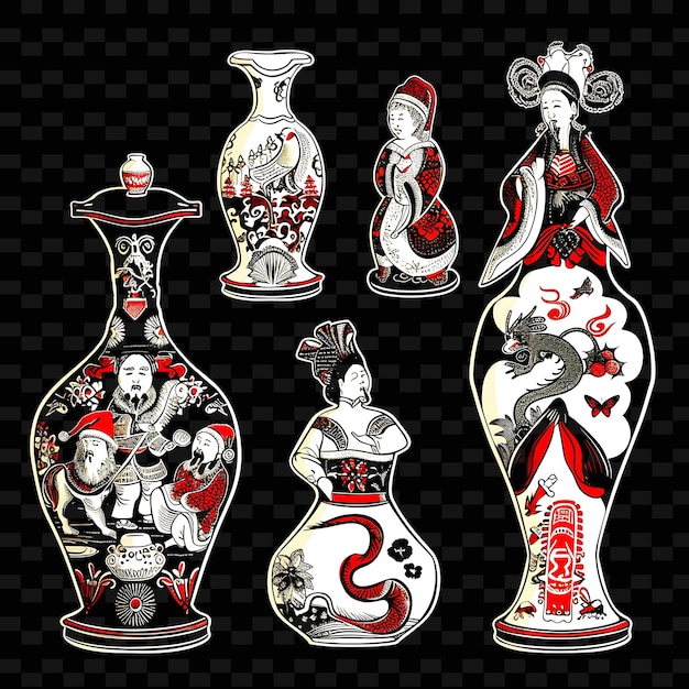 PSD a collection of chinese vases with a woman and a dragon on the front