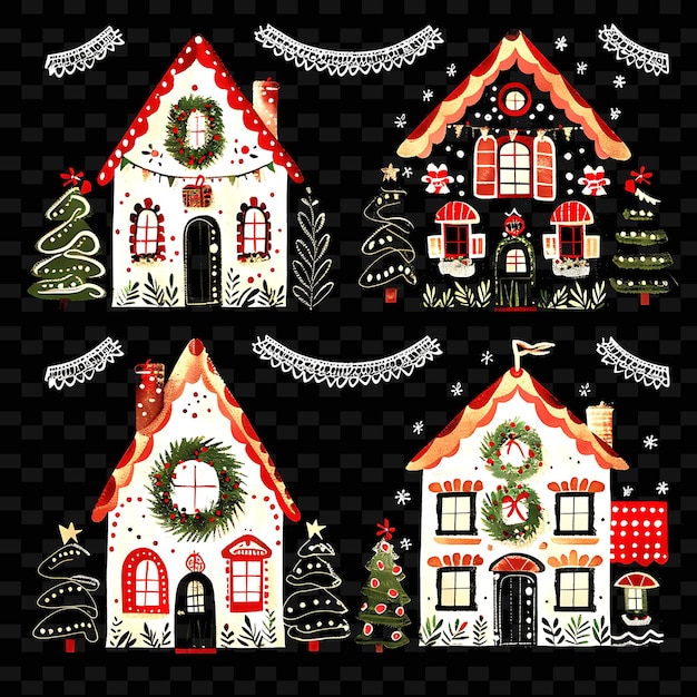 a collection of christmas houses with a christmas tree and decorations