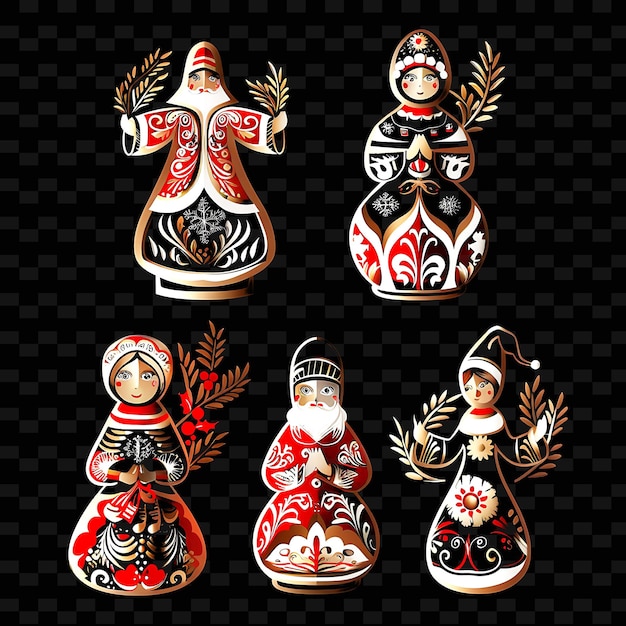 PSD a collection of christmas santa dolls with a black background