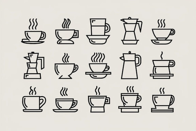 a collection of coffee cups and saucers with a cup of coffee