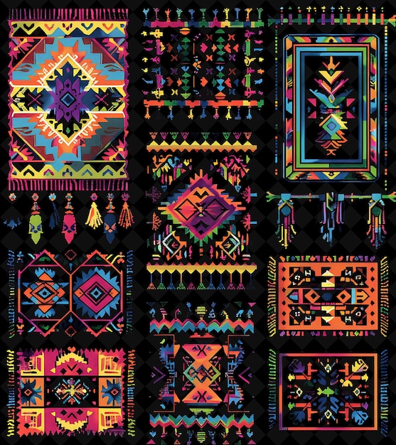 a collection of colorful designs including a black background with a colorful border