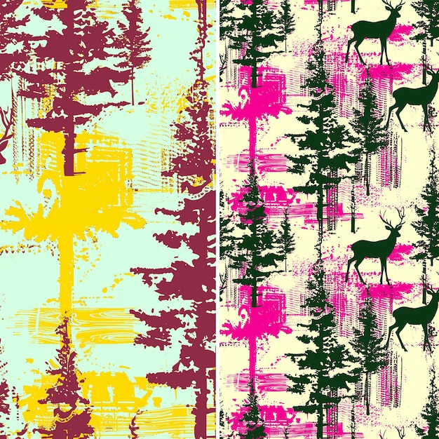 a collection of colorful posters including deer deer trees and mountains