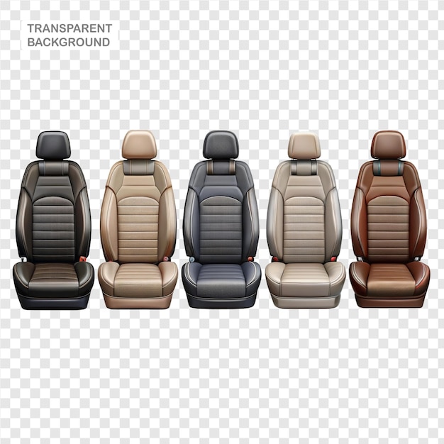 A collection of contemporary realistic leather vehicle seats separated on a clear backdrop