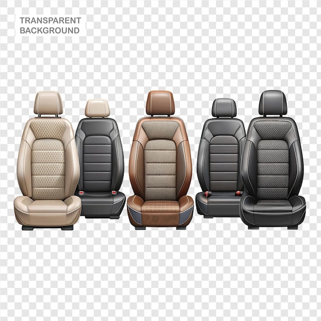 A collection of contemporary realistic leather vehicle seats separated on a clear backdrop