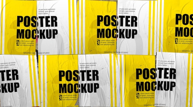 Collection of crumpled posters in a wall mockup