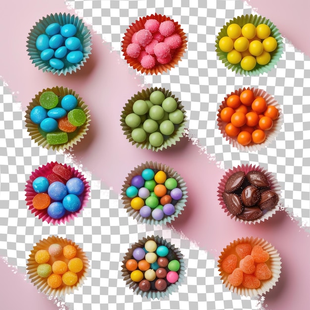 PSD a collection of cupcakes with colorful candy on a checkered background