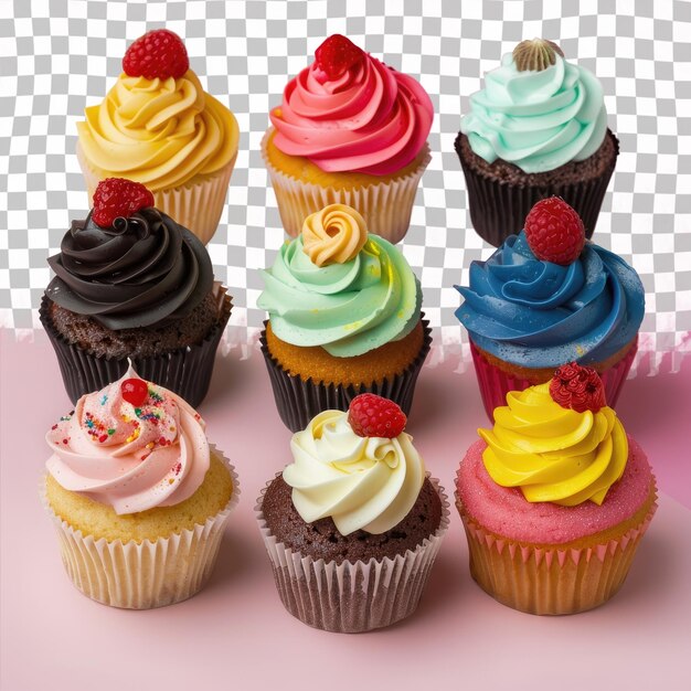 a collection of cupcakes with colorful frosting and colorful frosting