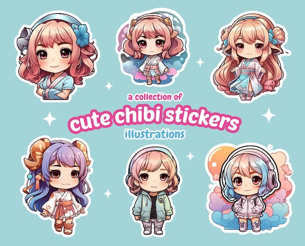 a collection of cute chibi stickers illustrations