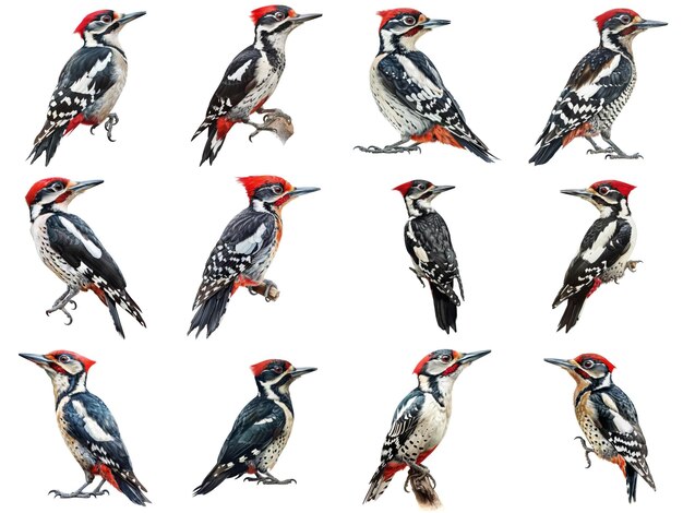 PSD a collection of detailed illustrations of redcrested woodpeckers