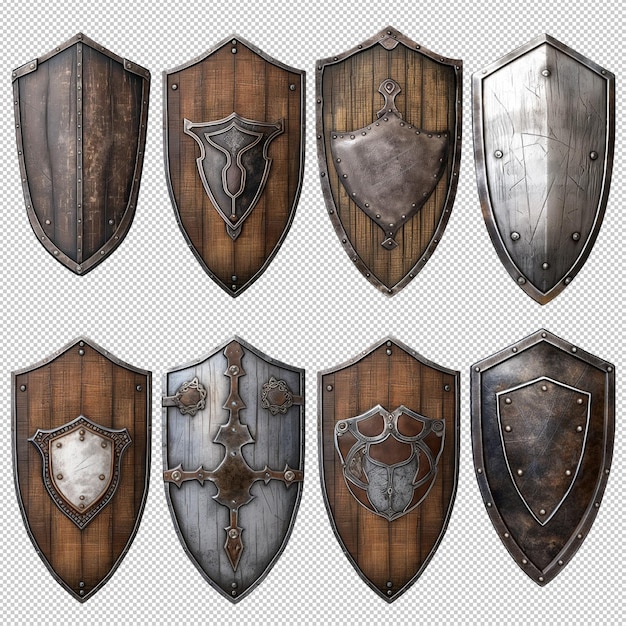 a collection of different armor including one that has a shield on it